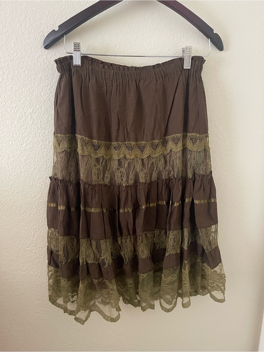 Fairy core Women's Brown and Olive Lace Tiered Skirt